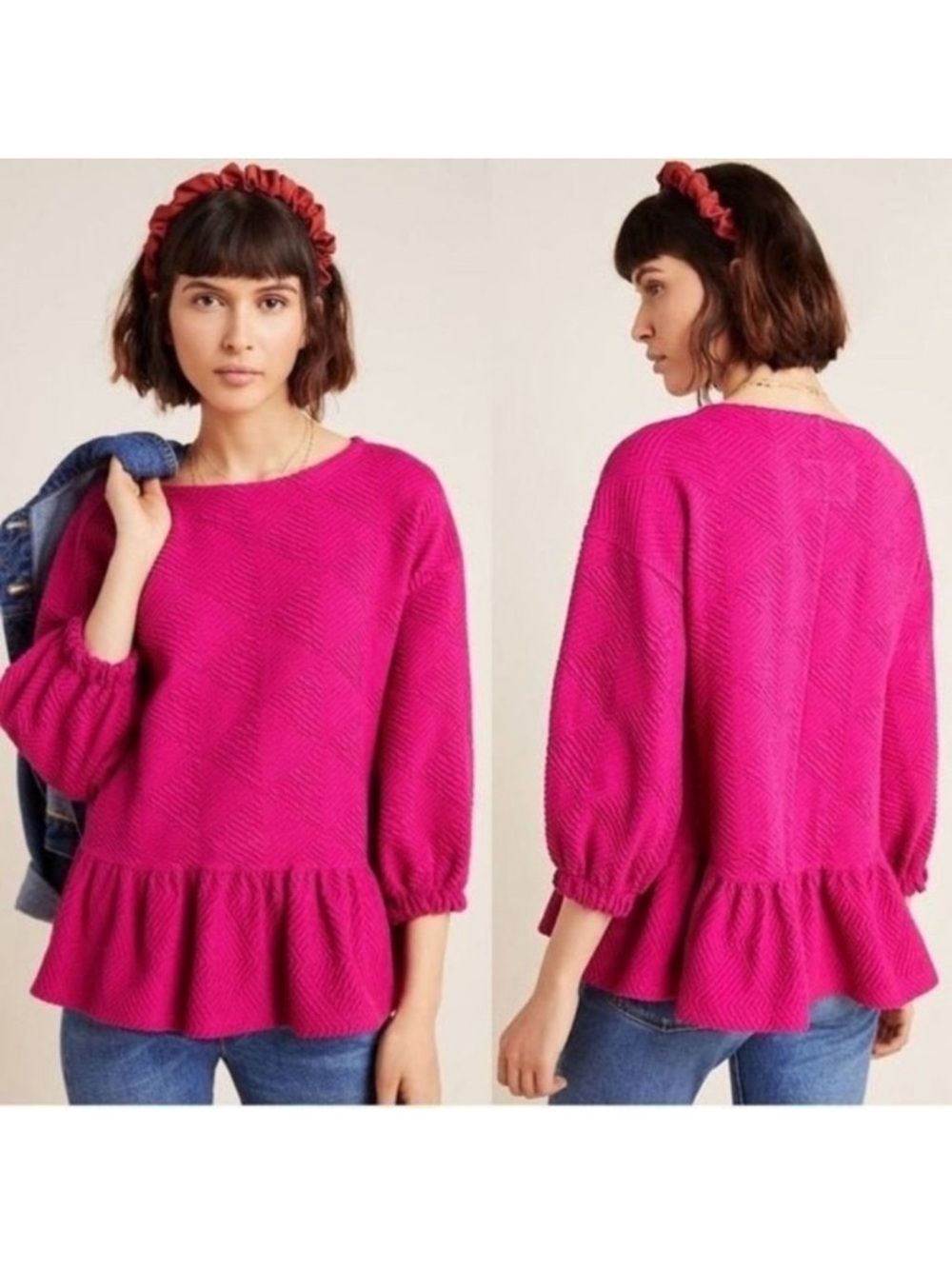 Anthropologie Maeve Magenta Textured Peplum Top